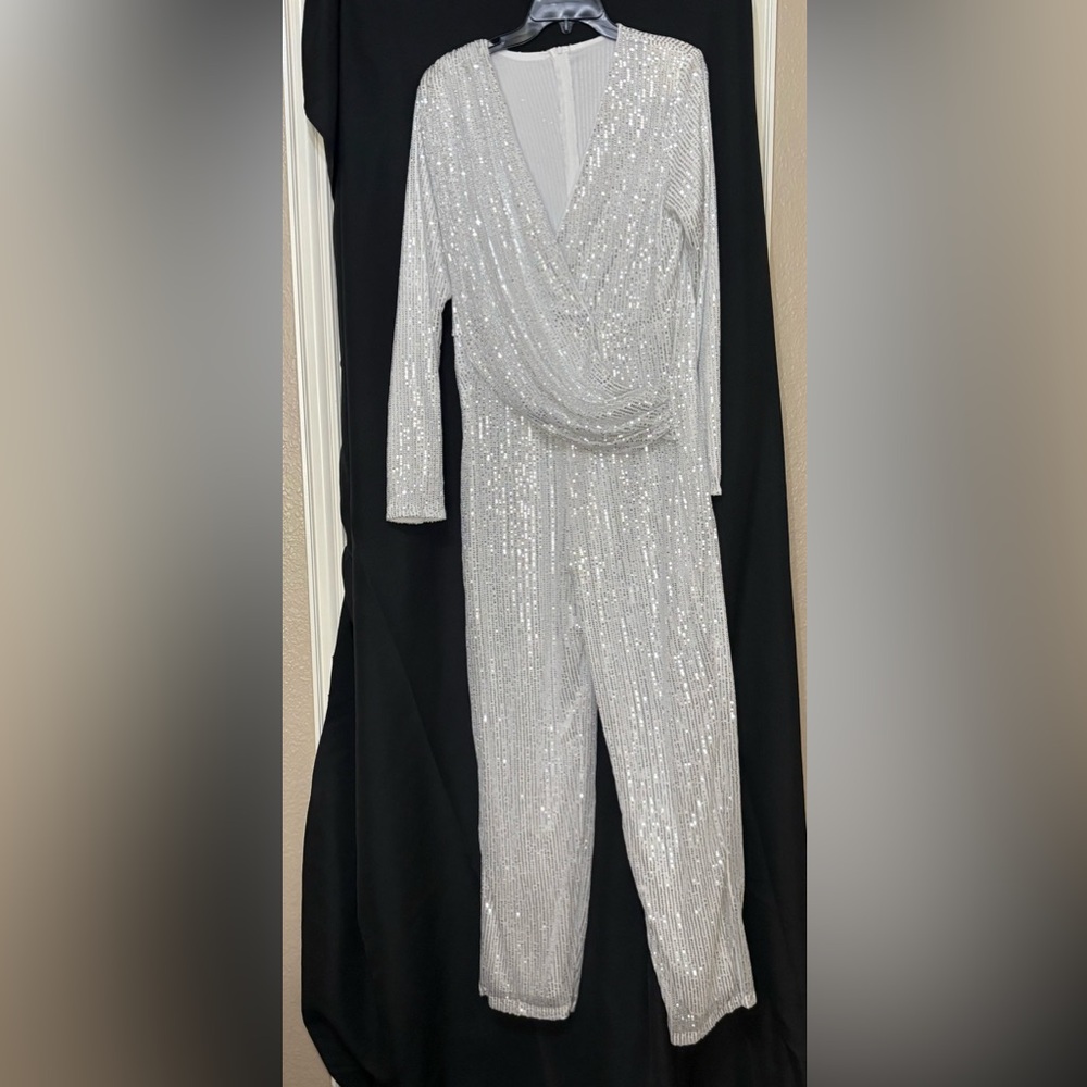 Silver Sequin Long-Sleeve Jumpsuit
